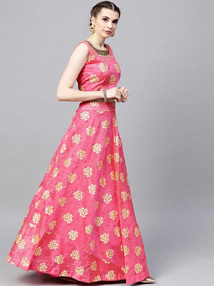 Embroidered Foil Print Crop Top Lehenga with Jeweled Neckline