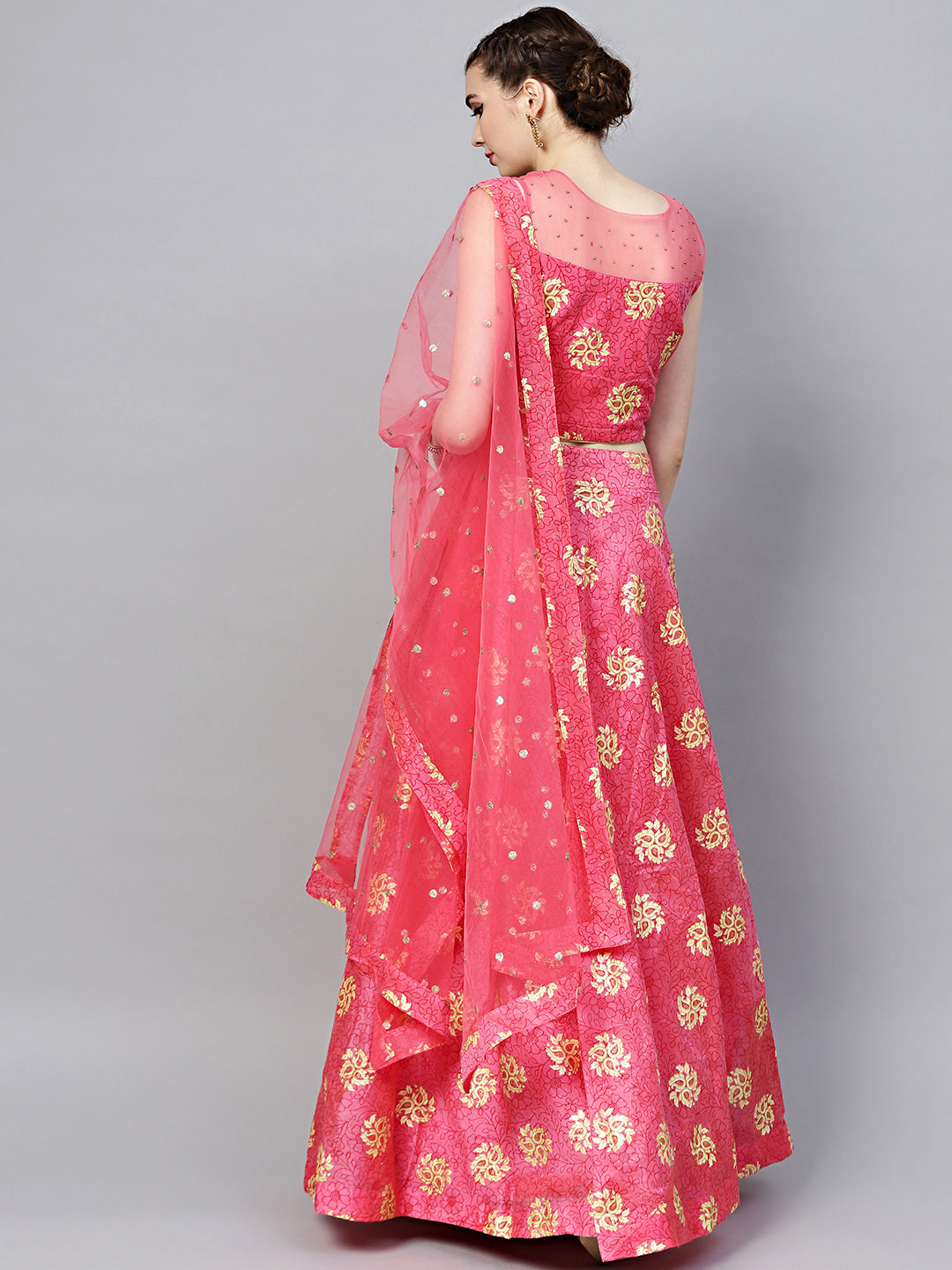 Embroidered Foil Print Crop Top Lehenga with Jeweled Neckline