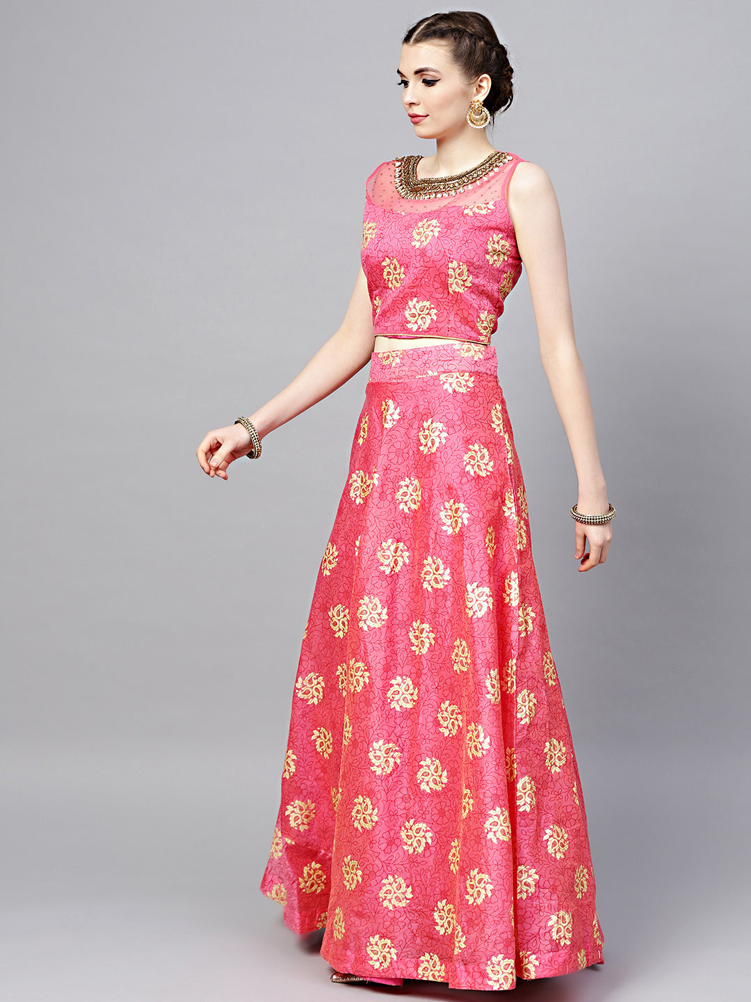 Embroidered Foil Print Crop Top Lehenga with Jeweled Neckline