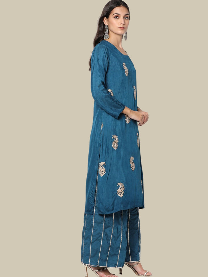 Floral Gota Patti Embroidered Kurta With Striped Pallazo and Dupatta