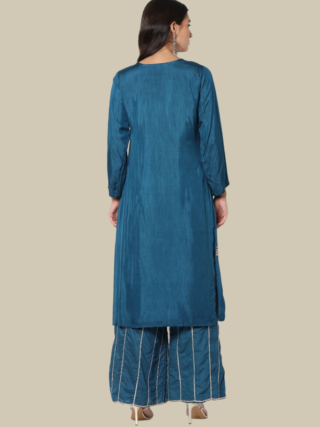 Floral Gota Patti Embroidered Kurta With Striped Pallazo and Dupatta