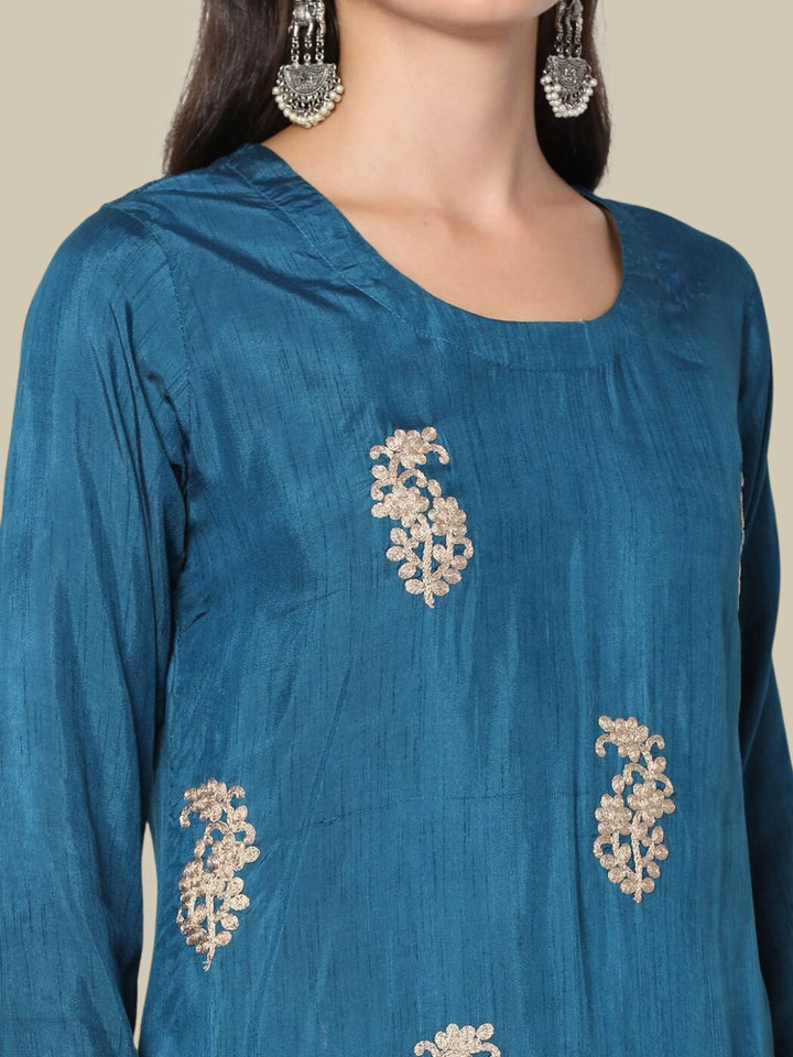 Floral Gota Patti Embroidered Kurta With Striped Pallazo and Dupatta