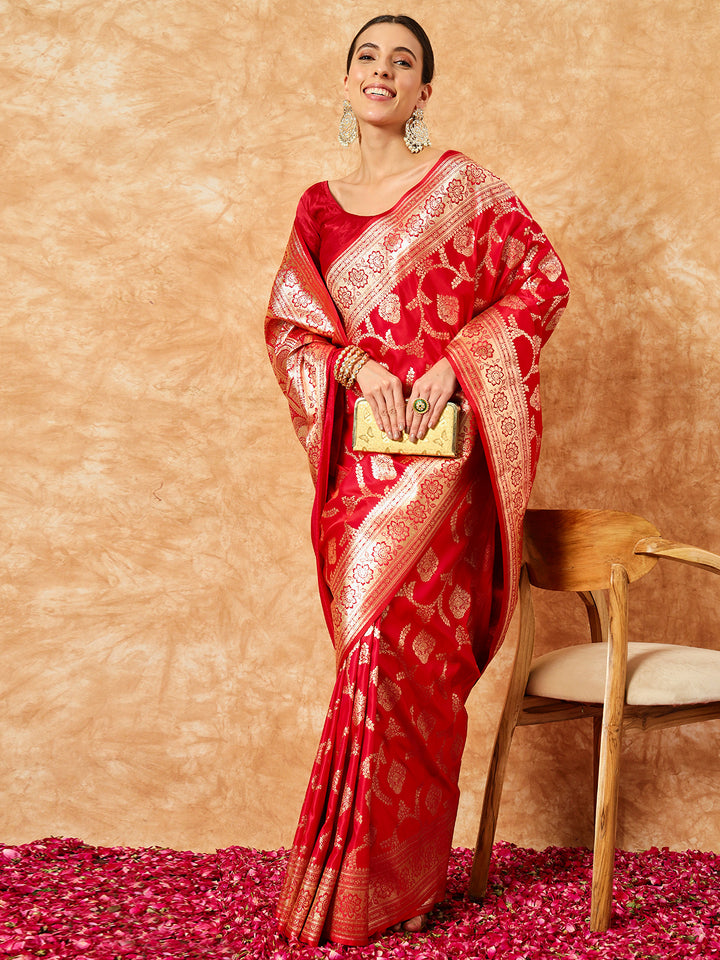Chhabra 555 Red Bridal Handloom Banarasi Pure Silk Saree with Gold Ethnic Zari Weaving