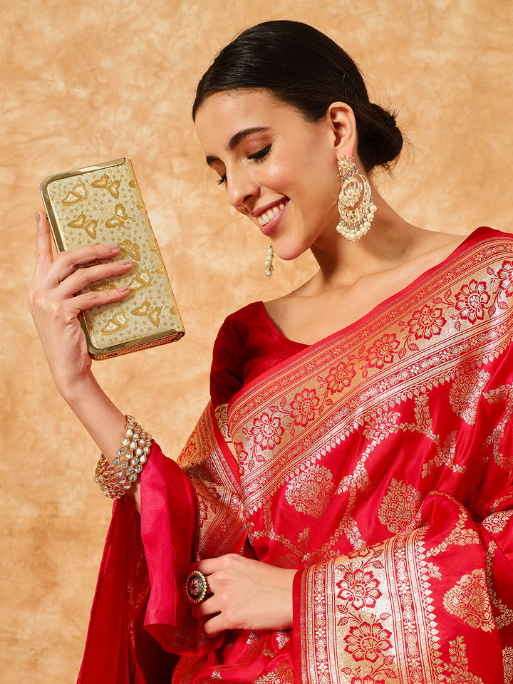 Red Bridal Handloom Banarasi Pure Silk Saree with Gold Zari Weaving