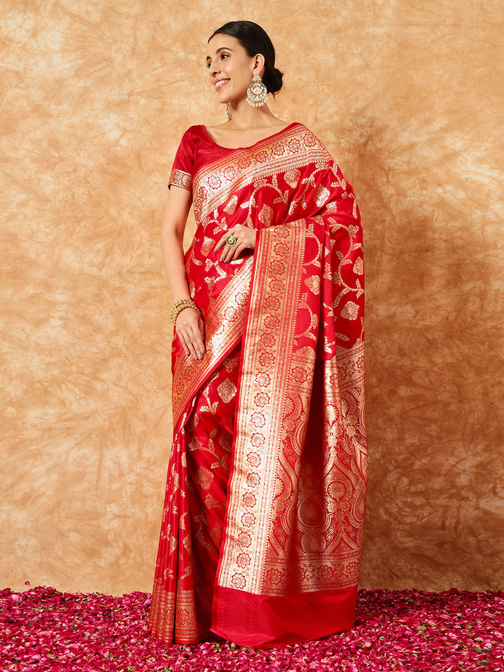 Red Bridal Handloom Banarasi Pure Silk Saree with Gold Zari Weaving