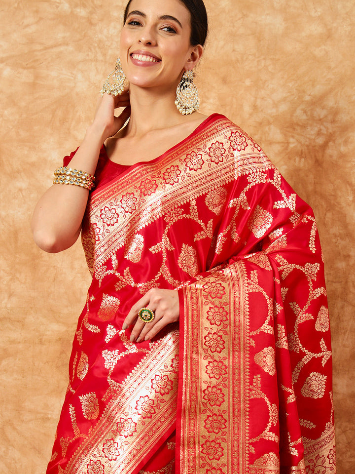 Red Bridal Handloom Banarasi Pure Silk Saree with Gold Zari Weaving