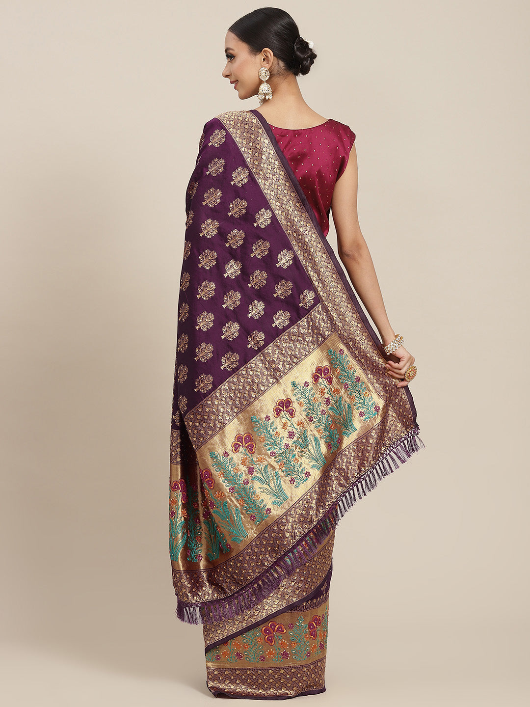Burgundy Resham Embroidered Silk Woven Traditional Banarasi Saree