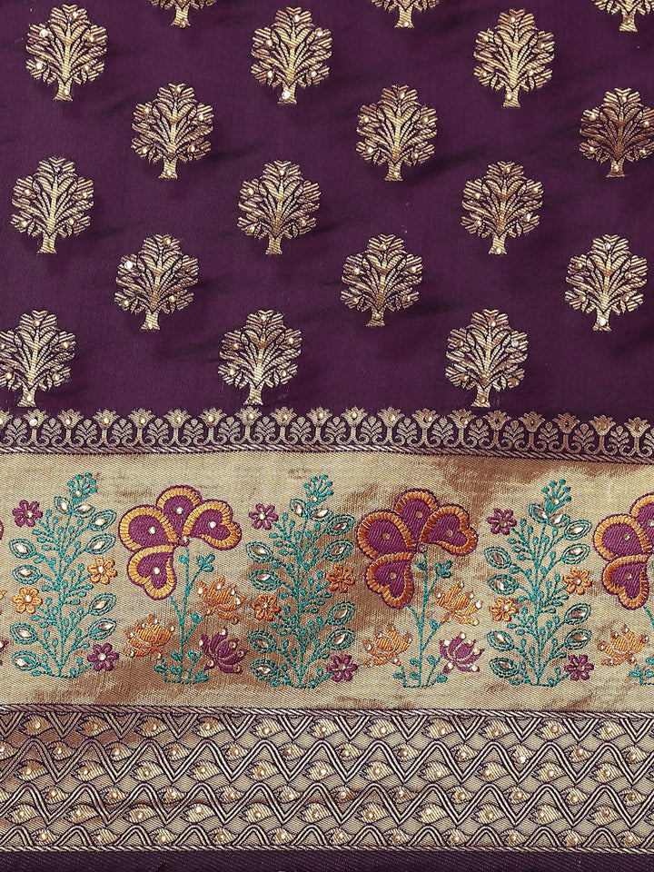Burgundy Resham Embroidered Silk Woven Traditional Banarasi Saree