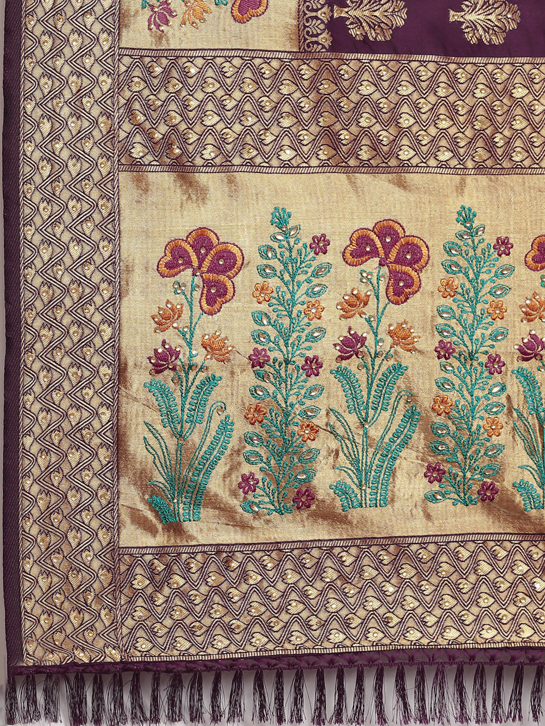 Burgundy Resham Embroidered Silk Woven Traditional Banarasi Saree