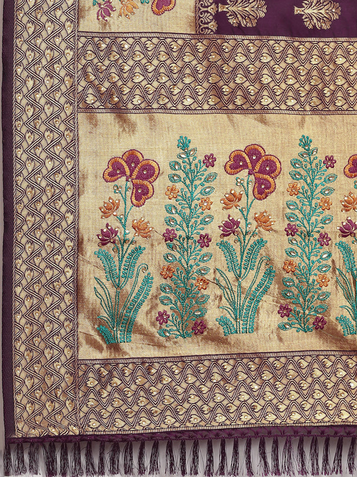 Burgundy Resham Embroidered Silk Woven Traditional Banarasi Saree