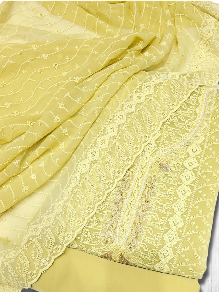 Chikankari Schiffli Dress Material with Mirror, Cut-Dana Embroidery & Scalloped Lace