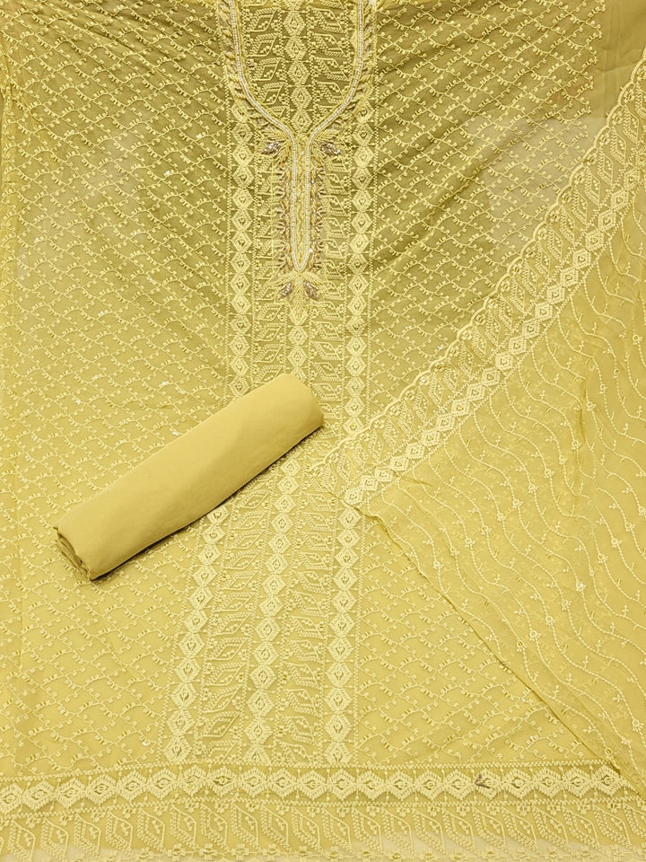 Chikankari Schiffli Dress Material with Mirror, Cut-Dana Embroidery & Scalloped Lace