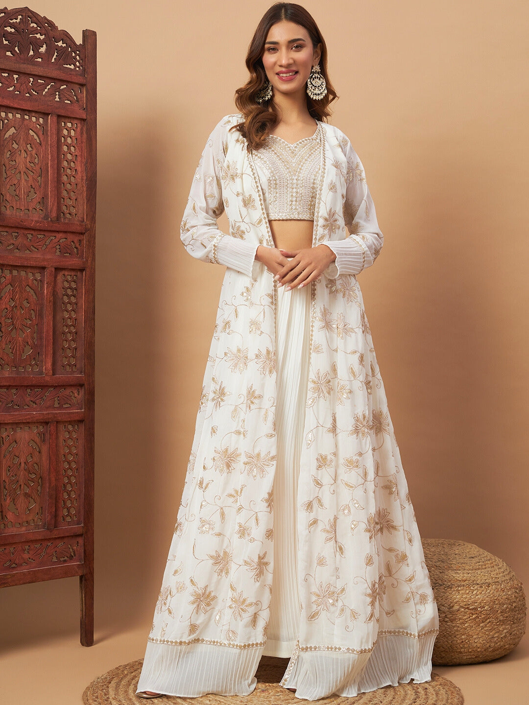 Georgette Indo-western Set with Sequin Embroidered Floor length Jacket & Pleated Skirt