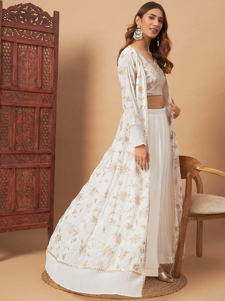 Georgette Indo-western Set with Sequin Embroidered Floor length Jacket & Pleated Skirt