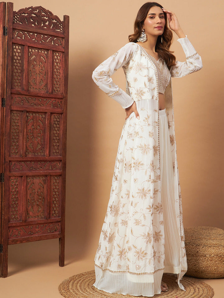 Georgette Indo-western Set with Sequin Embroidered Floor length Jacket & Pleated Skirt