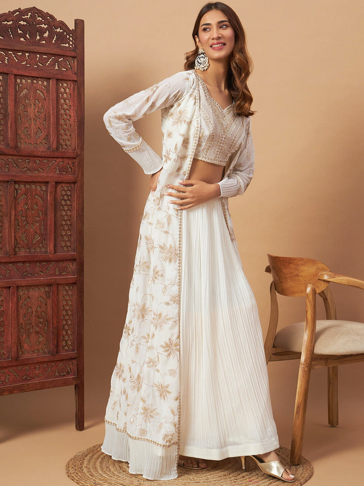 Georgette Indo-western Set with Sequin Embroidered Floor length Jacket & Pleated Skirt