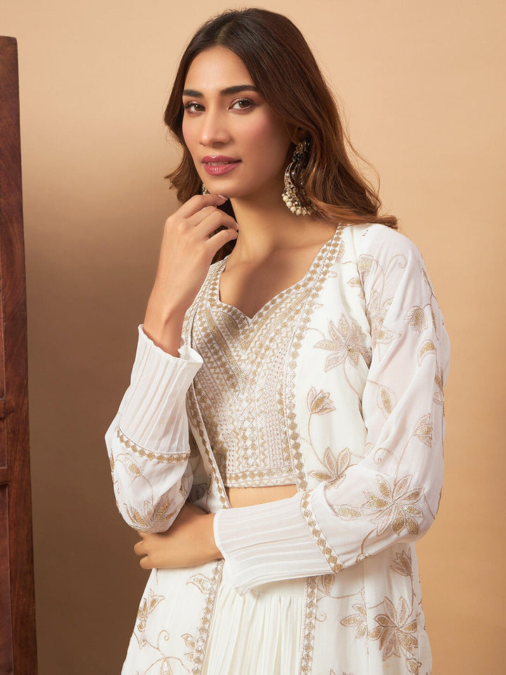 Georgette Indo-western Set with Sequin Embroidered Floor length Jacket & Pleated Skirt