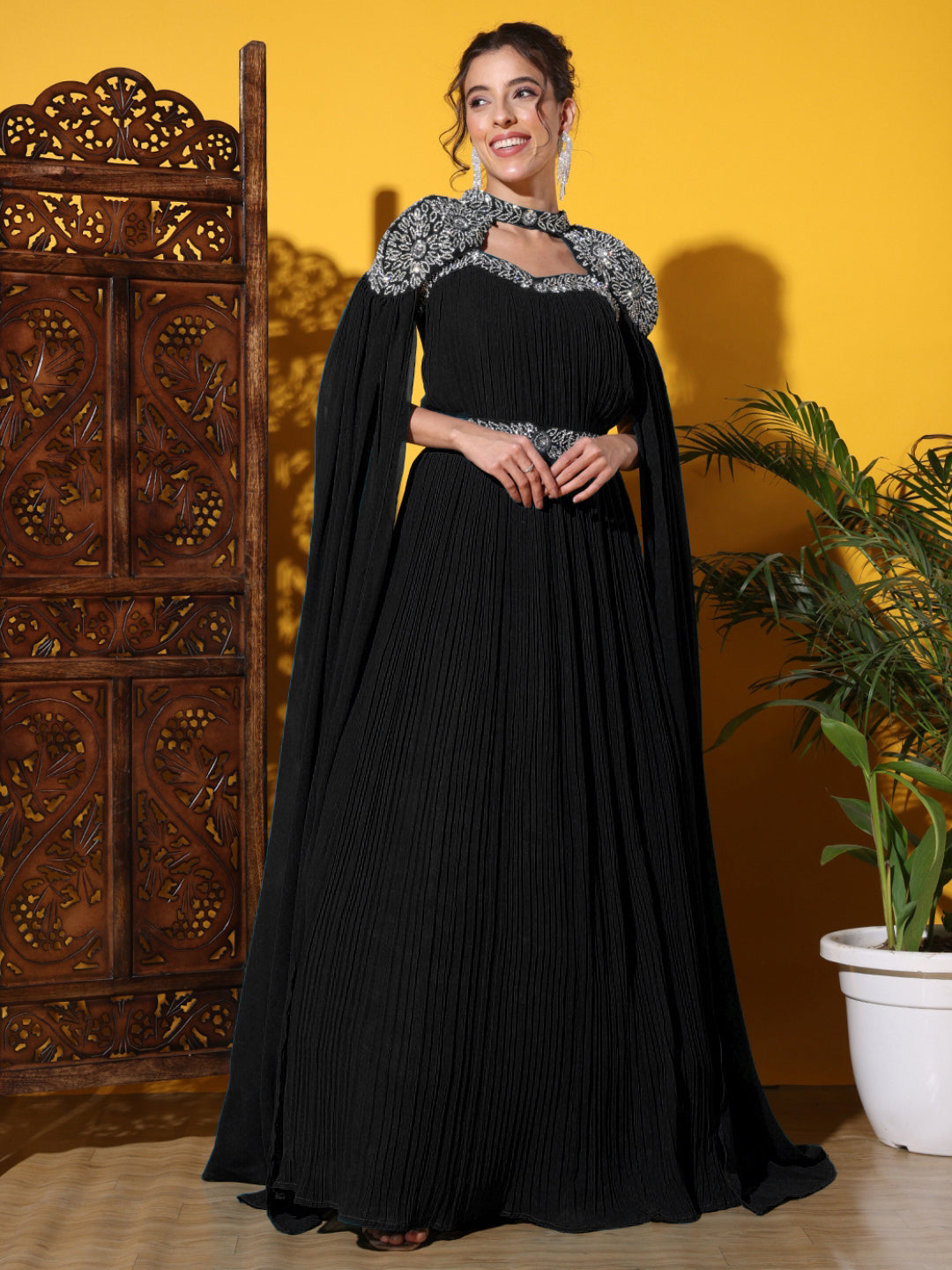 Zircon Embellished Cocktail gown with Accordian Pleats & Removable Waterfall sleeves