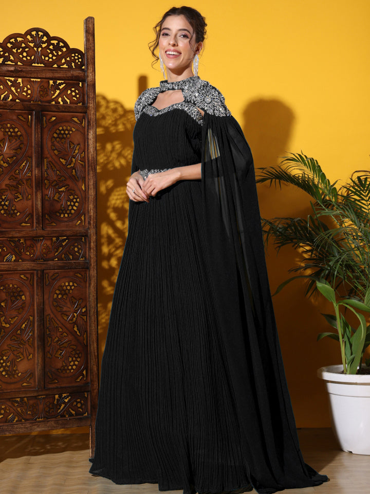 Zircon Embellished Cocktail gown with Accordian Pleats & Removable Waterfall sleeves