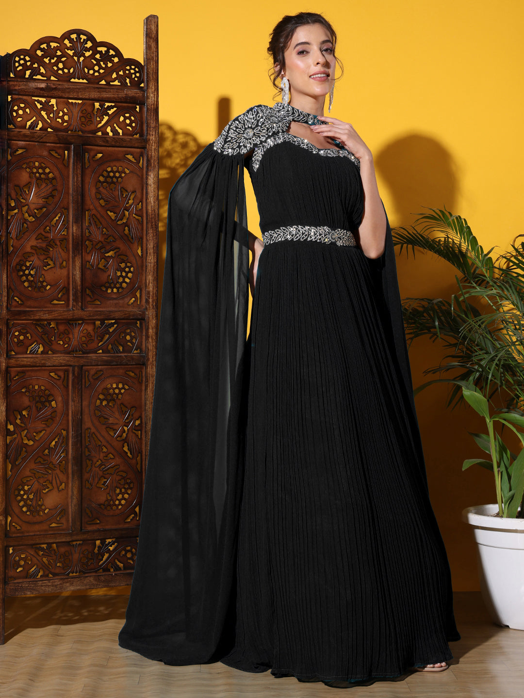 Zircon Embellished Cocktail gown with Accordian Pleats & Removable Waterfall sleeves