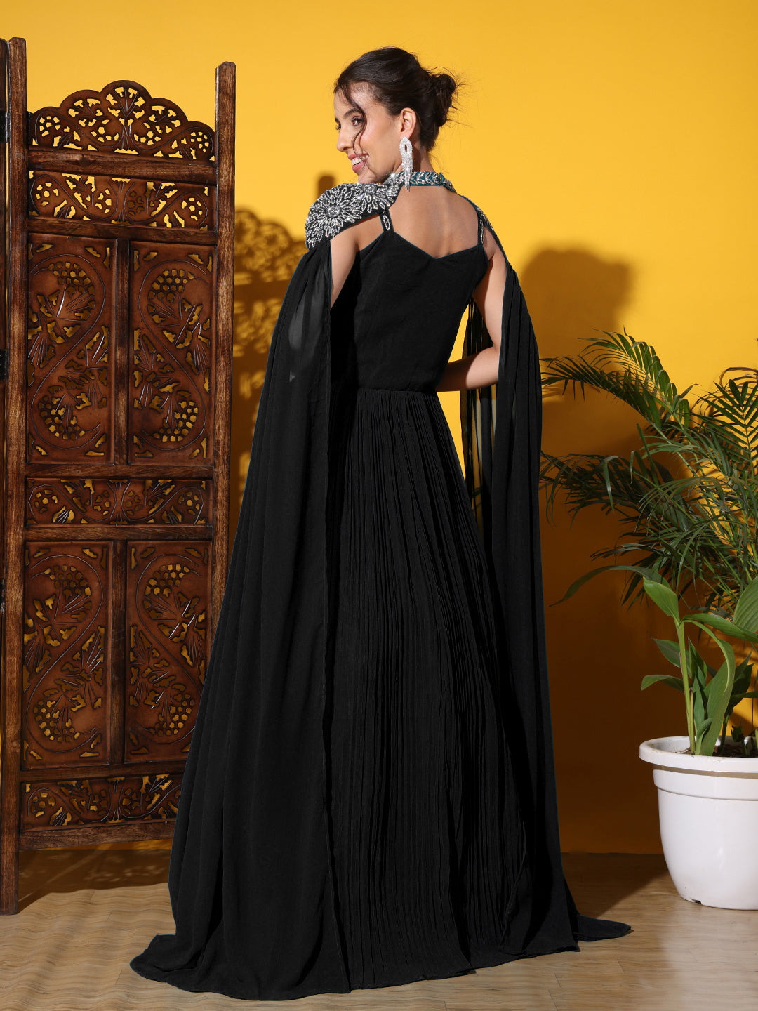 Zircon Embellished Cocktail gown with Accordian Pleats & Removable Waterfall sleeves