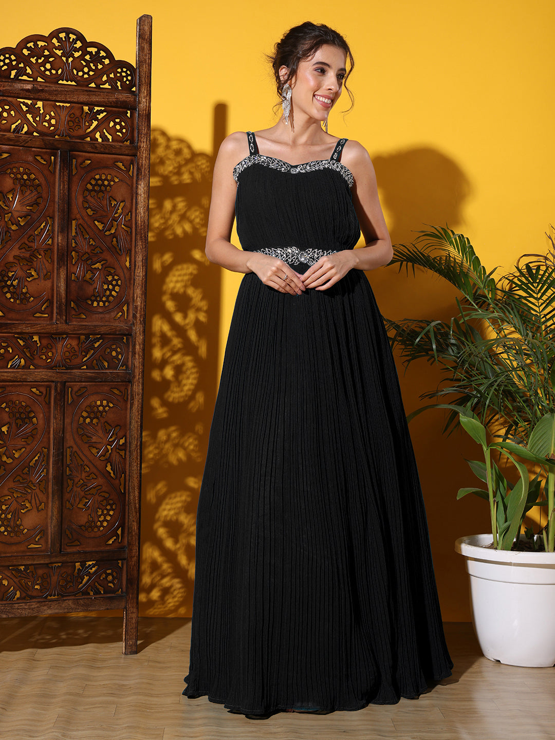 Zircon Embellished Cocktail gown with Accordian Pleats & Removable Waterfall sleeves