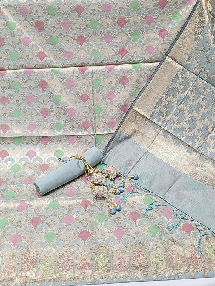 Meeanakari Weaving Banarasi Dress Material with Scalloped pattern & Jhallar Dupatta