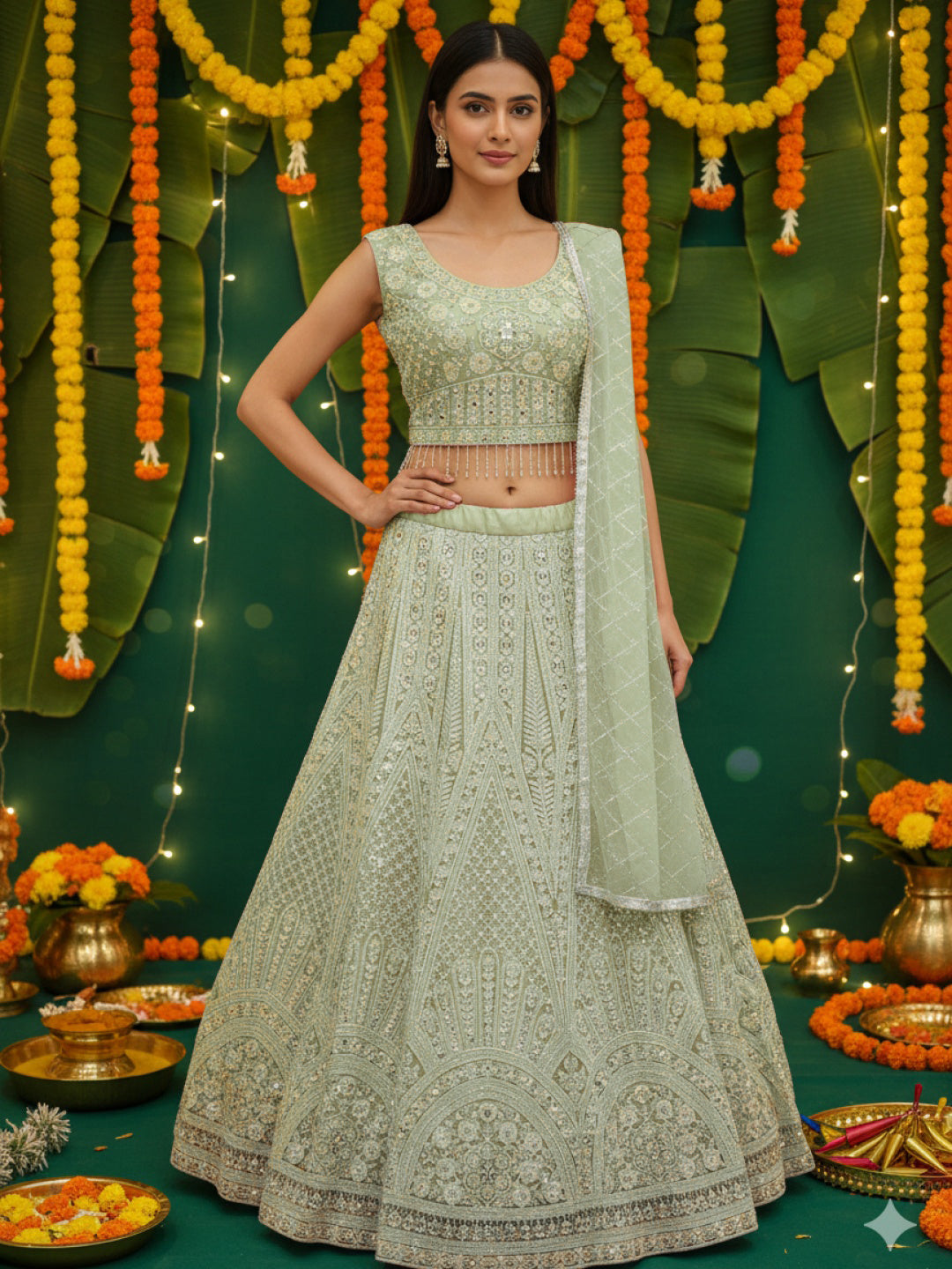 Pastel Heavy Mirror & Aari Floral Embroidered Net Lehenga Set with Sequinned Dupatta