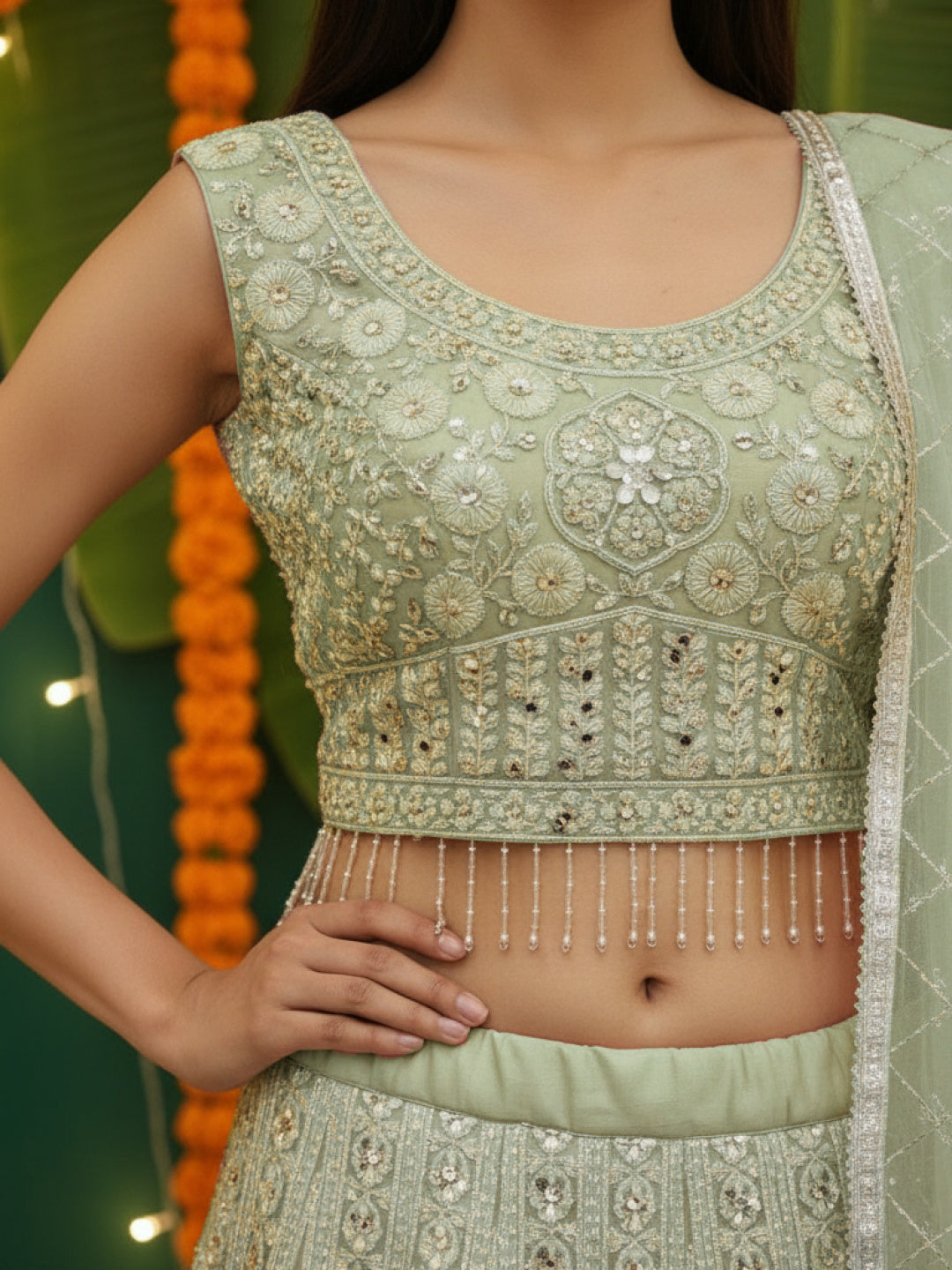 Pastel Heavy Mirror & Aari Floral Embroidered Net Lehenga Set with Sequinned Dupatta