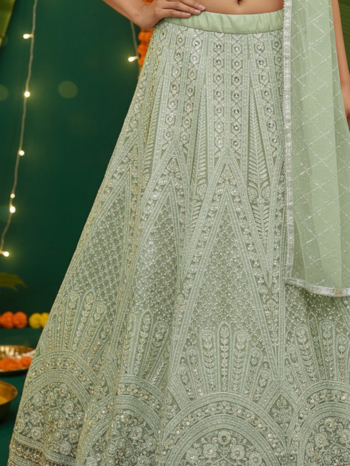 Pastel Heavy Mirror & Aari Floral Embroidered Net Lehenga Set with Sequinned Dupatta