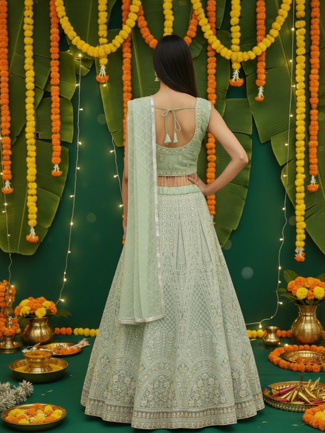 Pastel Heavy Mirror & Aari Floral Embroidered Net Lehenga Set with Sequinned Dupatta