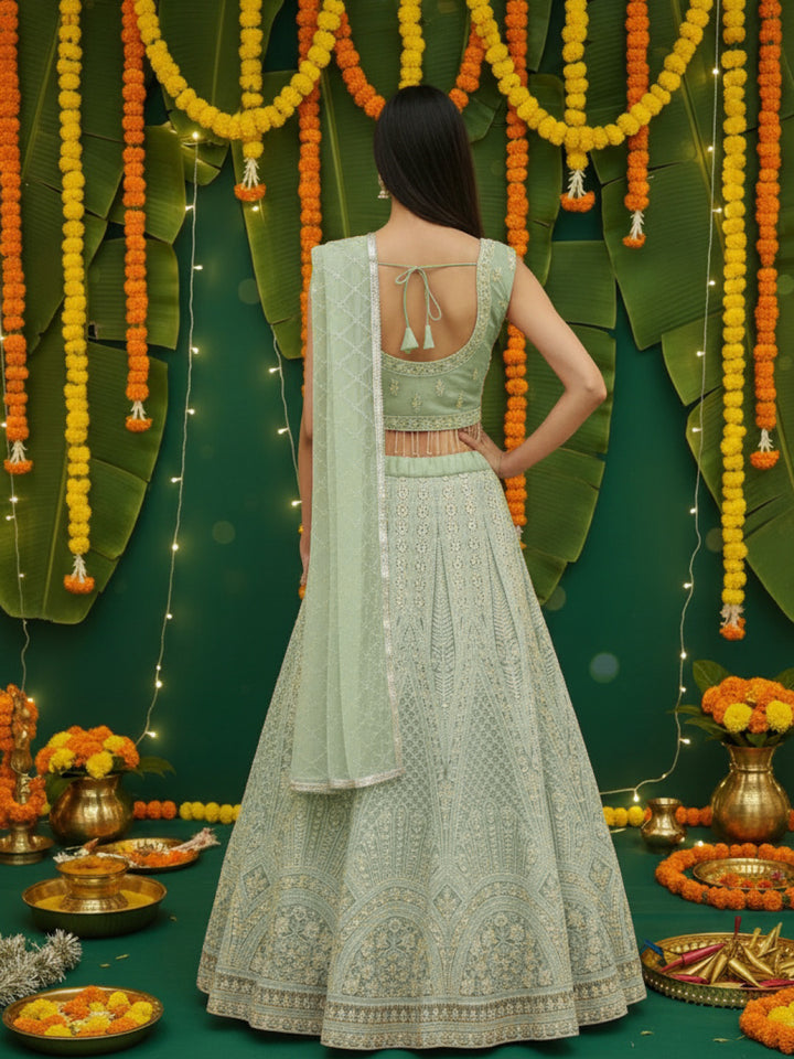 Pastel Heavy Mirror & Aari Floral Embroidered Net Lehenga Set with Sequinned Dupatta