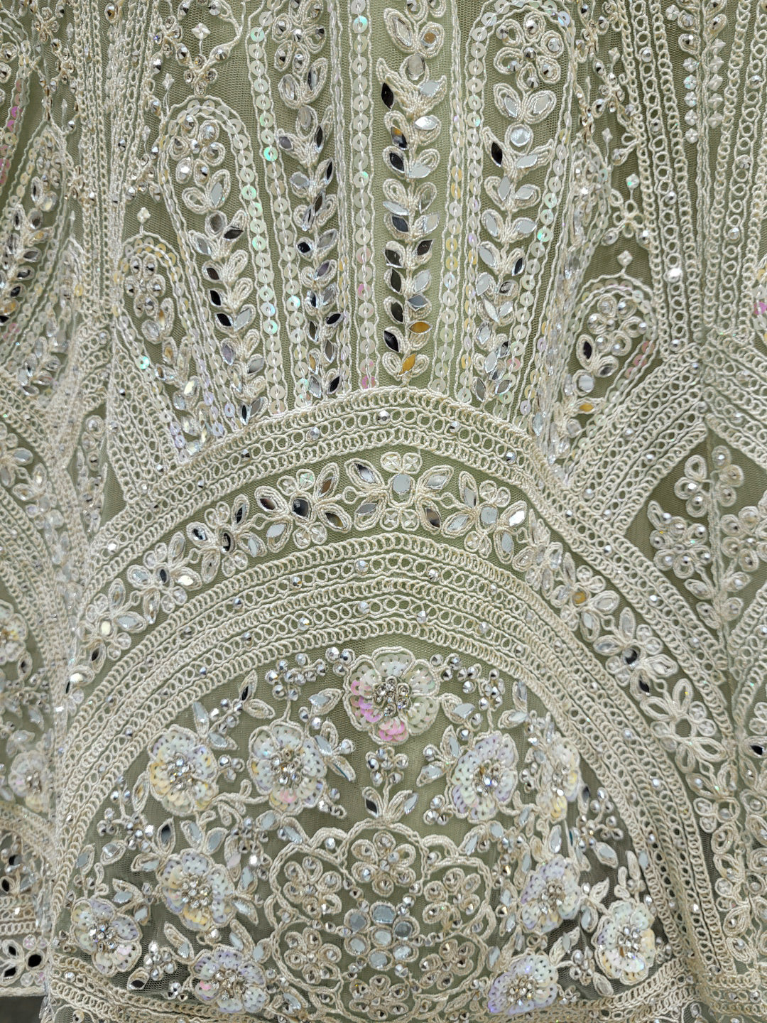 Pastel Heavy Mirror & Aari Floral Embroidered Net Lehenga Set with Sequinned Dupatta