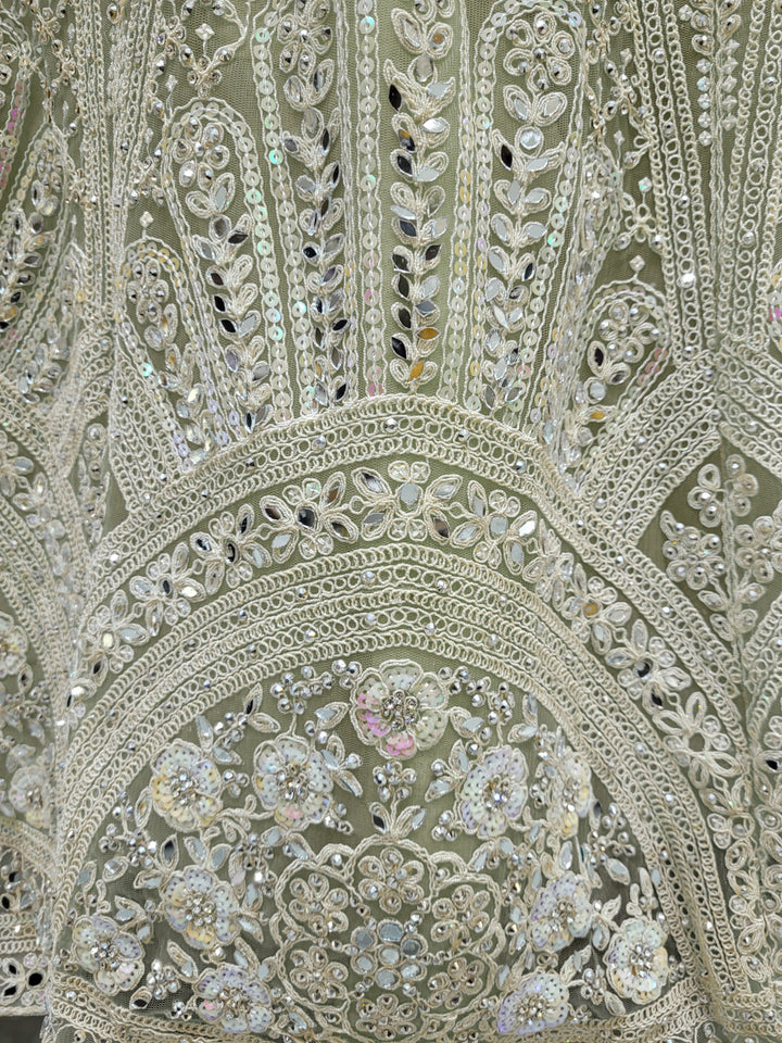 Pastel Heavy Mirror & Aari Floral Embroidered Net Lehenga Set with Sequinned Dupatta