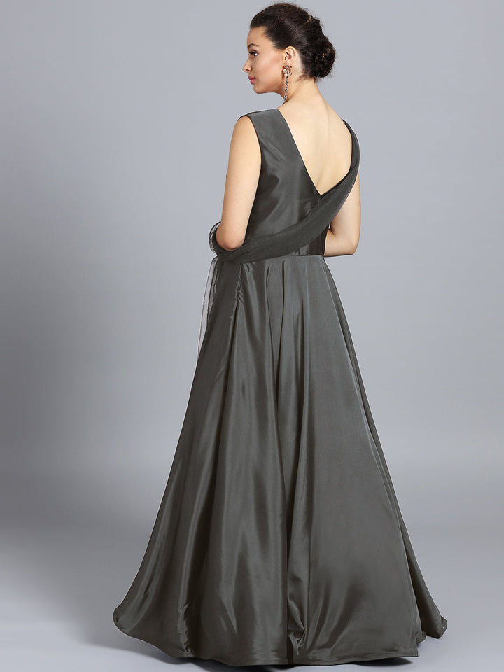 Grey Art Silk Zakan Zari Embroidered Stitched Gown With Net Dupatta