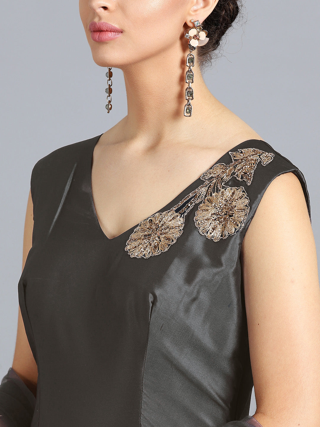 Grey Art Silk Zakan Zari Embroidered Stitched Gown With Net Dupatta