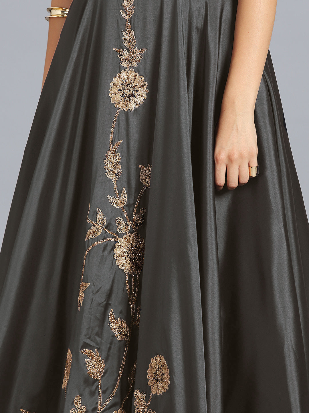 Grey Art Silk Zakan Zari Embroidered Stitched Gown With Net Dupatta