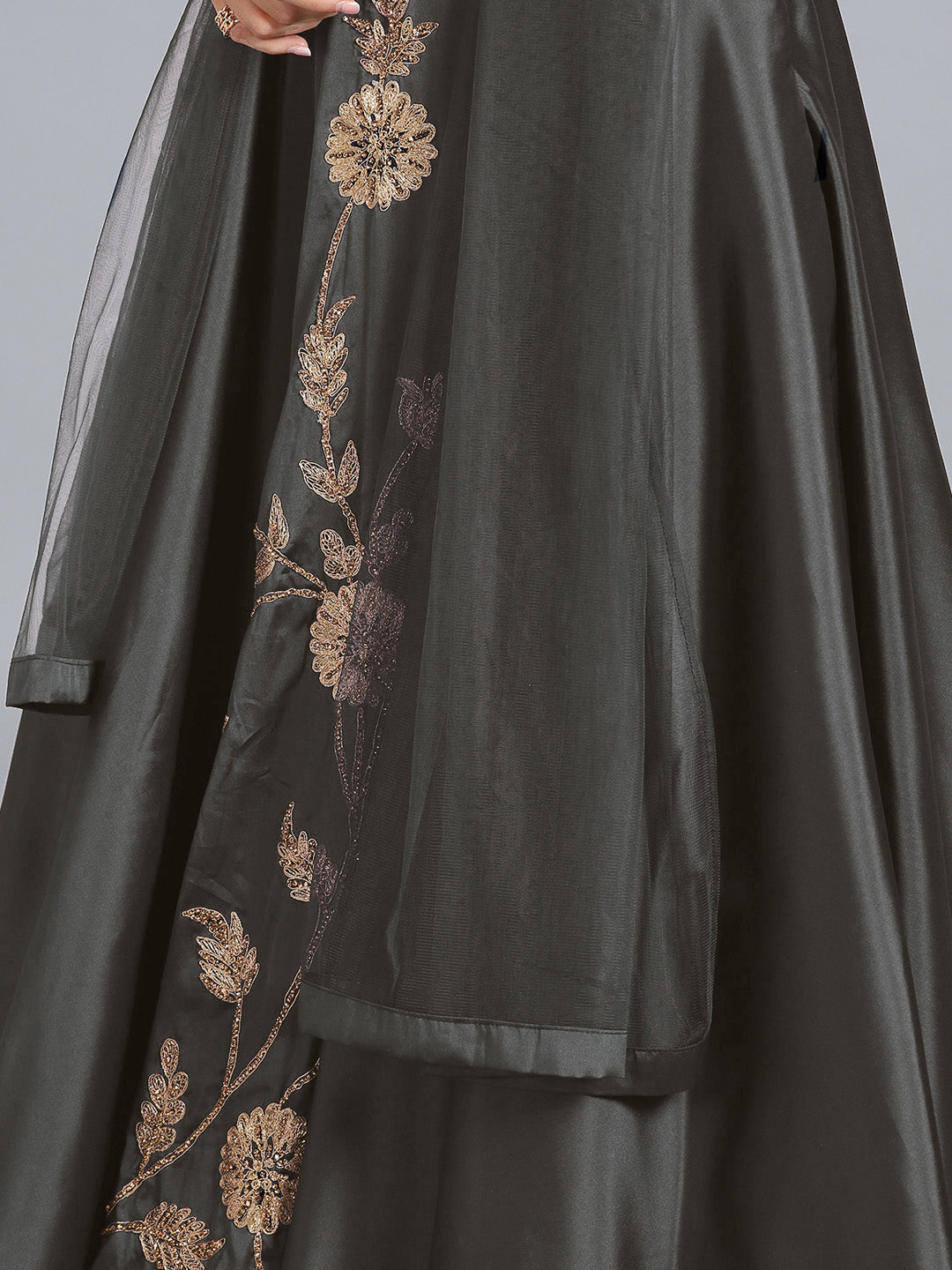 Grey Art Silk Zakan Zari Embroidered Stitched Gown With Net Dupatta