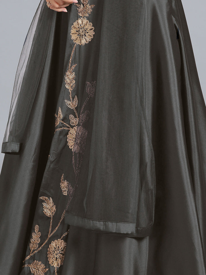 Grey Art Silk Zakan Zari Embroidered Stitched Gown With Net Dupatta