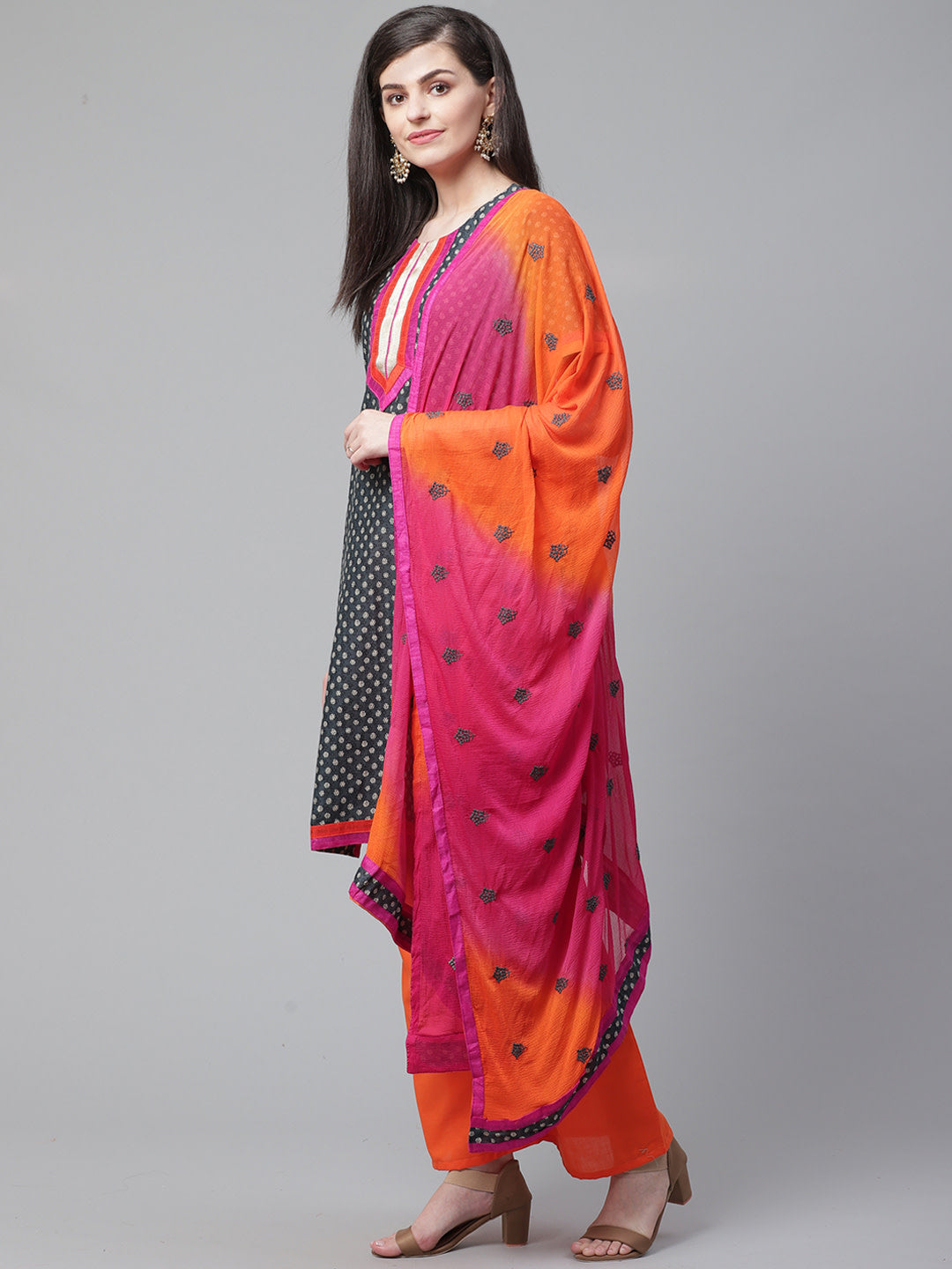 Indigo Blue Printed Cotton Suit Dupatta with  Bright Color Blocking and Zari Borders