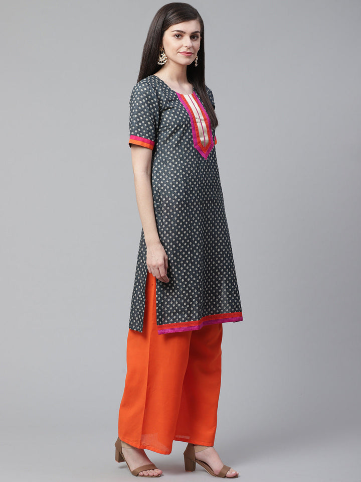 Indigo Blue Printed Cotton Dress Material with  Bright Color Blocking and Zari Borders