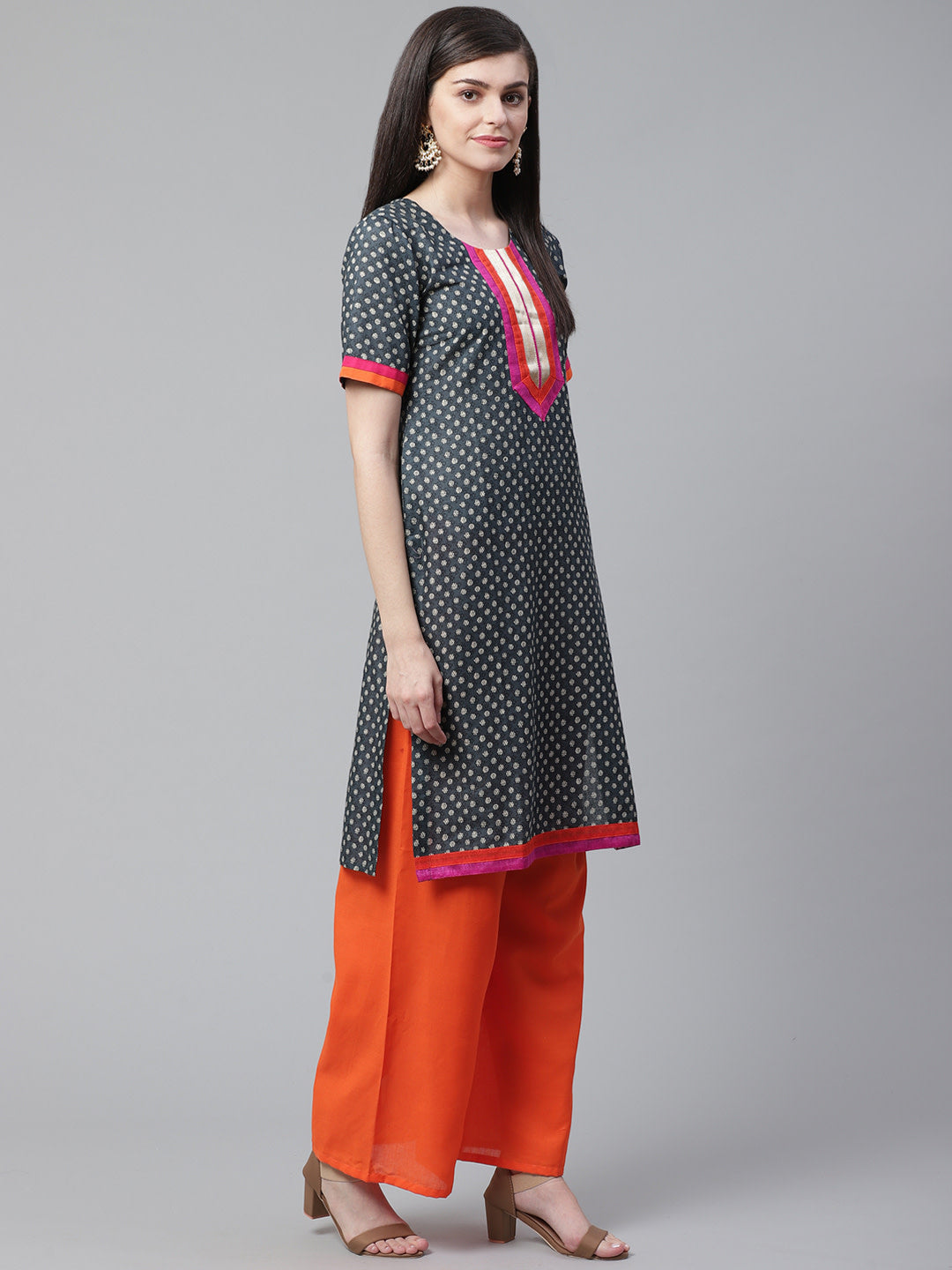 Indigo Blue Printed Cotton Suit Dupatta with  Bright Color Blocking and Zari Borders