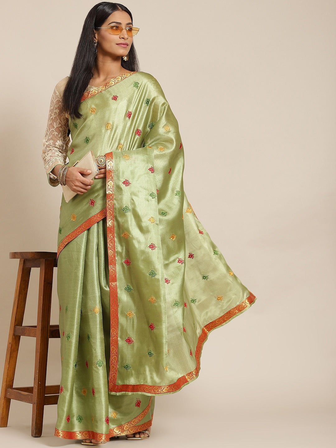Green Tussar Banarasi Silk  Saree with Embroidery & Brocade Border