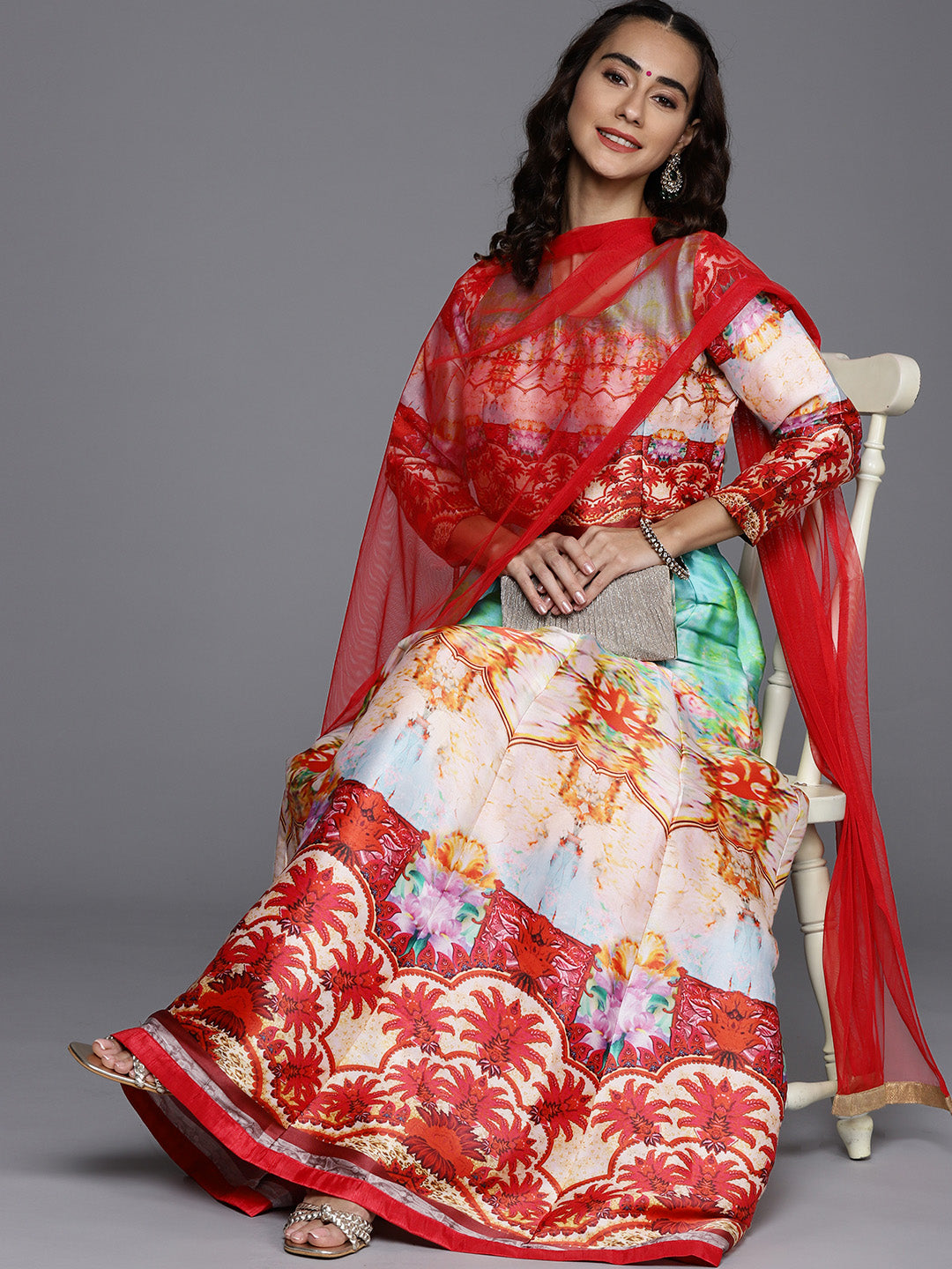 Made to Measure Red Anarkali Bohemian Printed Dress with Net Red Dupattta