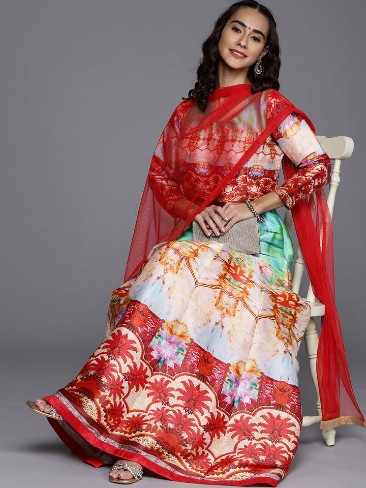 Made to Measure Red Anarkali Bohemian Printed Dress with Net Red Dupattta