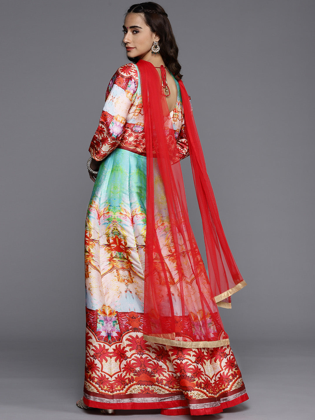 Made to Measure Red Anarkali Bohemian Printed Dress with Net Red Dupattta
