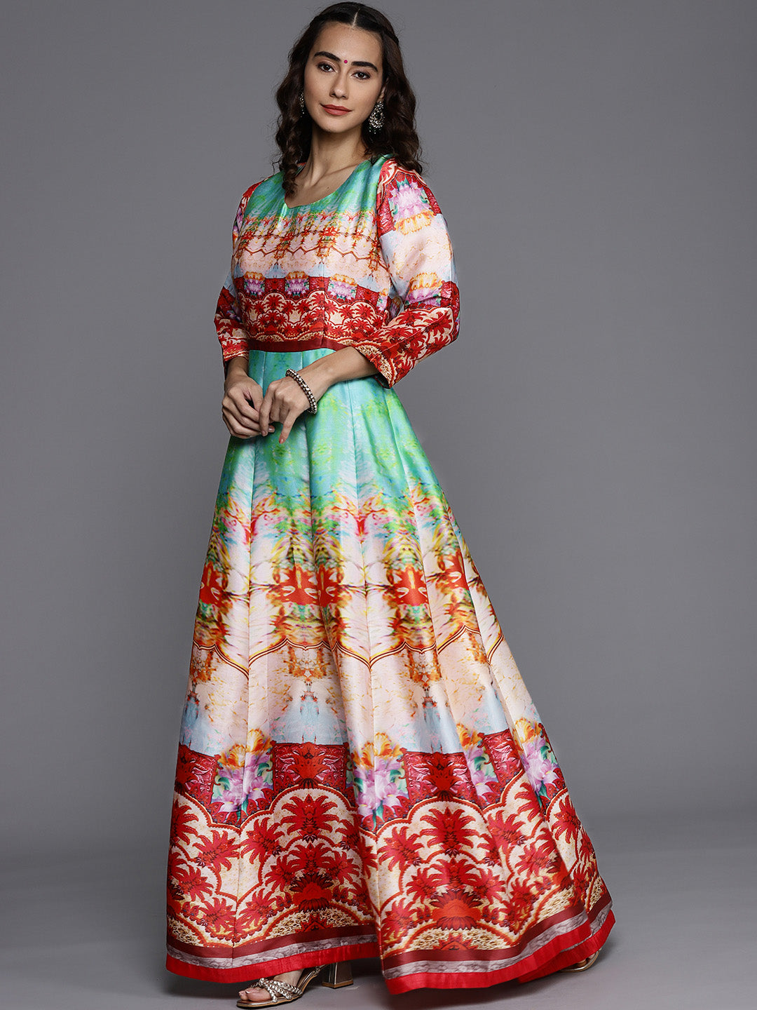 Made to Measure Red Anarkali Bohemian Printed Dress with Net Red Dupattta