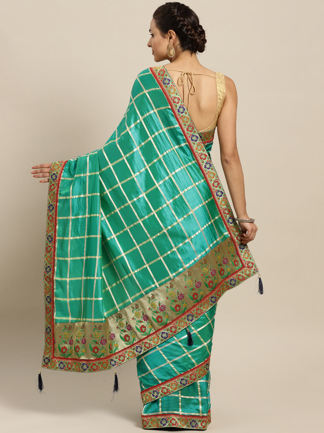 Patola Silk Checked Saree with Meenakari Zari Woven Border