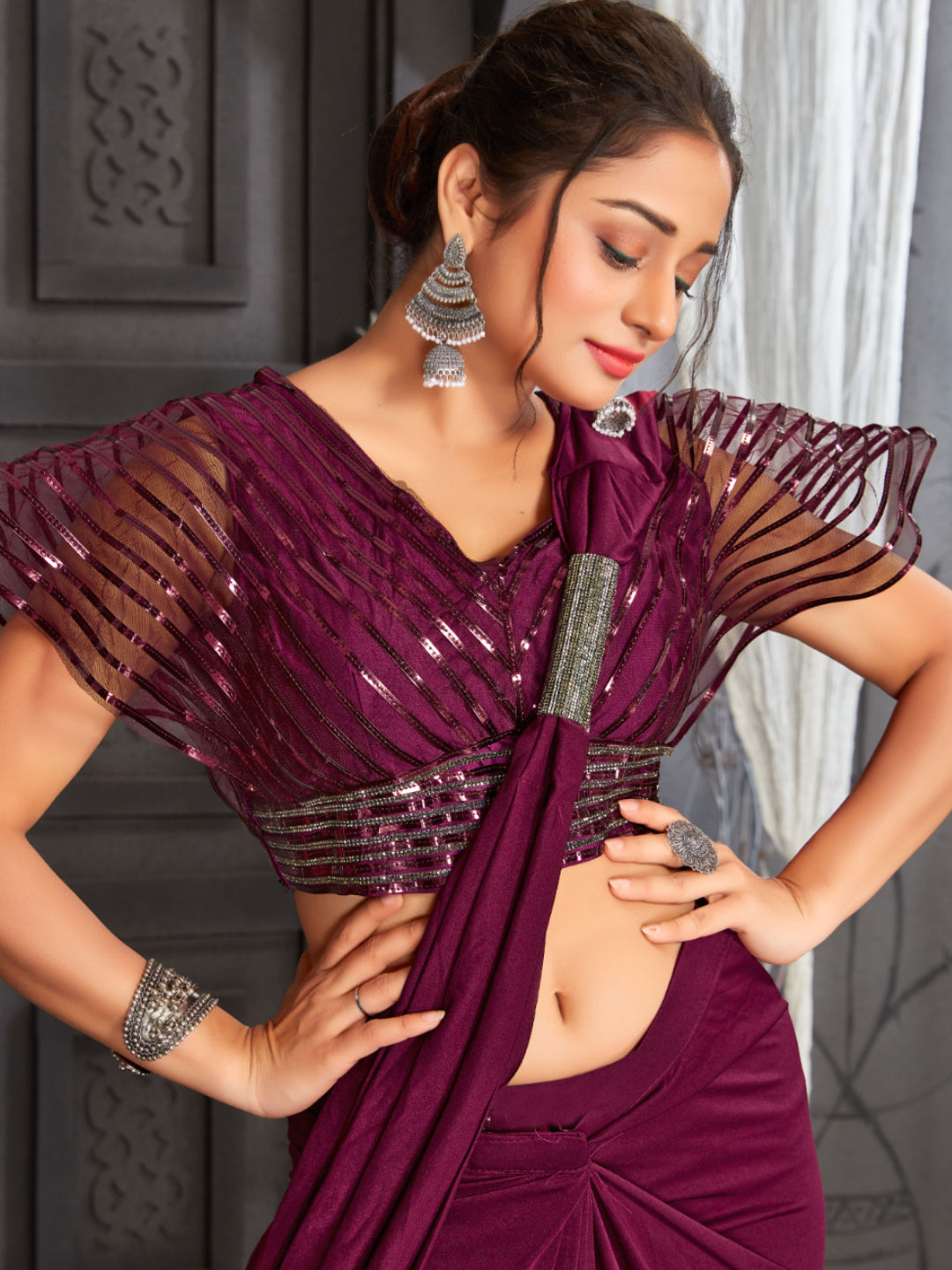 Pre-draped Party Wear Saree with Structured Embellished Blouse