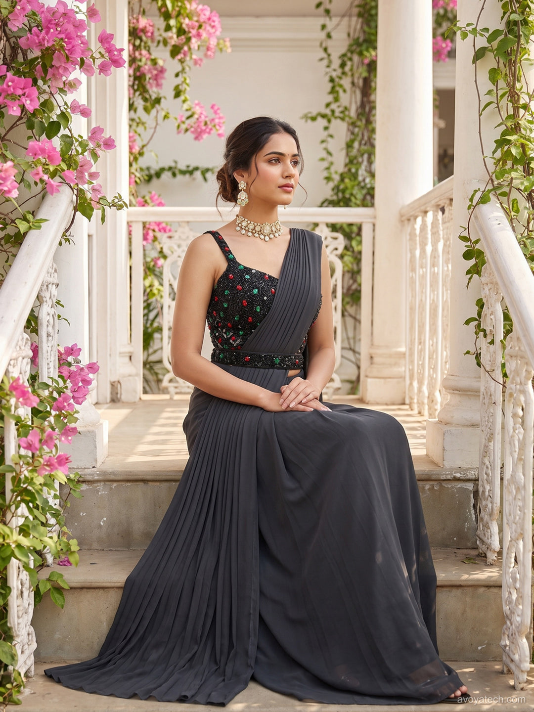 Black Pre-Draped Ready to Wear Saree with Embellished Blouse With Belt
